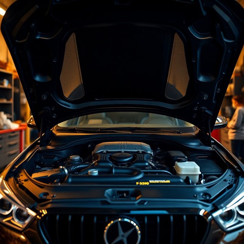 Pohled shora na otevřenou kapotu s mechanikem pracujícím na motoru