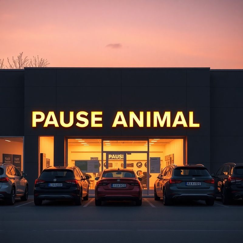 Exteriér servisu PAUSE ANIMAL s osvětleným nápisem za soumraku
